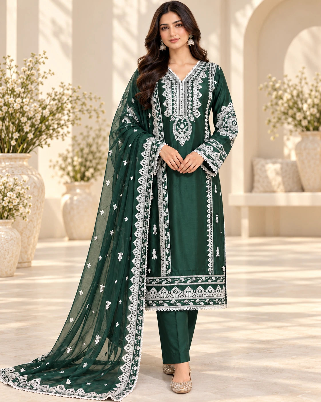 Elegant Bottle Green Embroidered Viscose 3-Piece Suit with Chiffon Dupatta