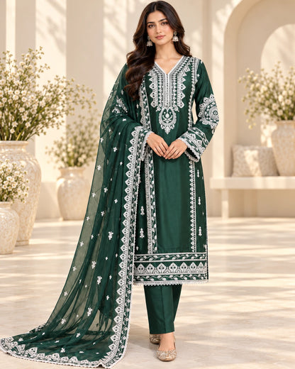 Elegant Bottle Green Embroidered Viscose 3-Piece Suit with Chiffon Dupatta