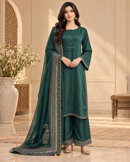 Emerald Green Embroidered 3-Piece Suit with Dupatta