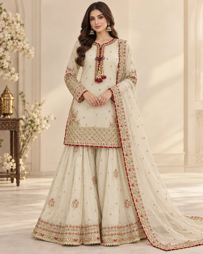 Ivory Elegance – Luxury Embroidered 3-Piece Sharara Suit