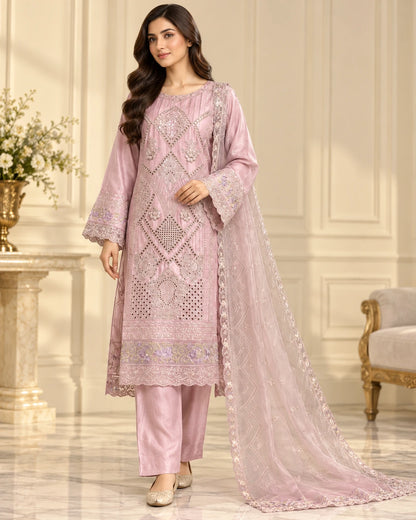 Premium Viscose Embroidered 3-Piece Suit – Dusty Pink