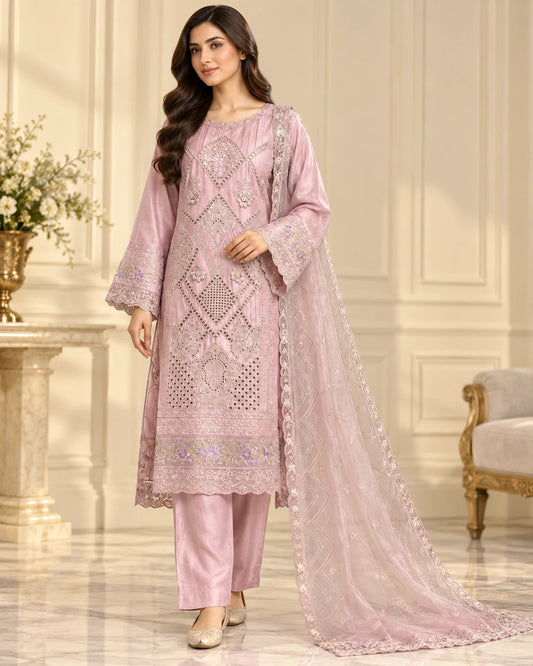 Premium Viscose Embroidered 3-Piece Suit – Dusty Pink