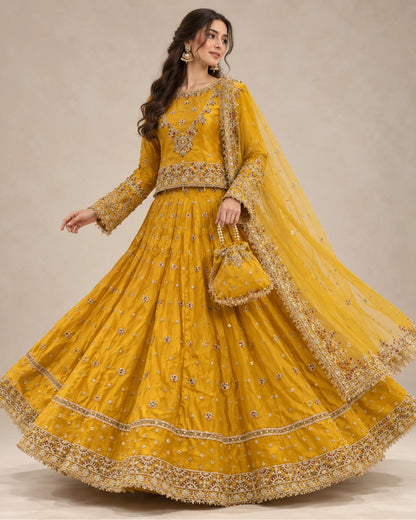Mustard Golden Embroidered Bridal Lehenga Choli with Net Dupatta & Matching Potli Bag