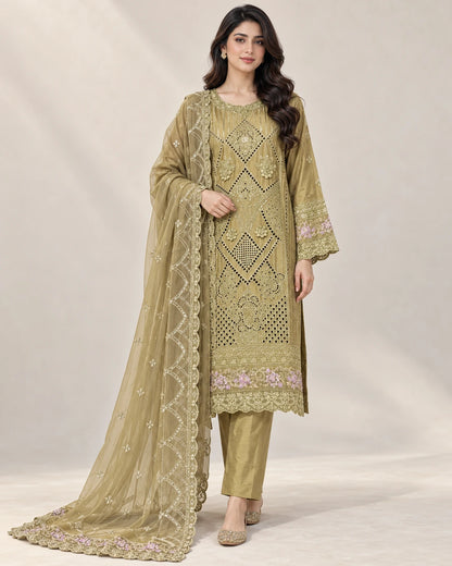 Olive Gold Luxury Embroidered 3-Piece Suit with Cutwork Detailing