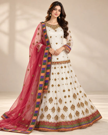 Ivory White Embroidered Lehenga Set with Rose Pink Dupatta