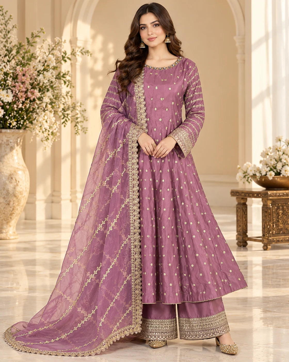 Mauve Purple Gold Embroidered 3-Piece Anarkali Suit