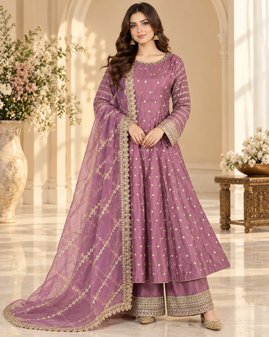 Mauve Purple Gold Embroidered 3-Piece Anarkali Suit