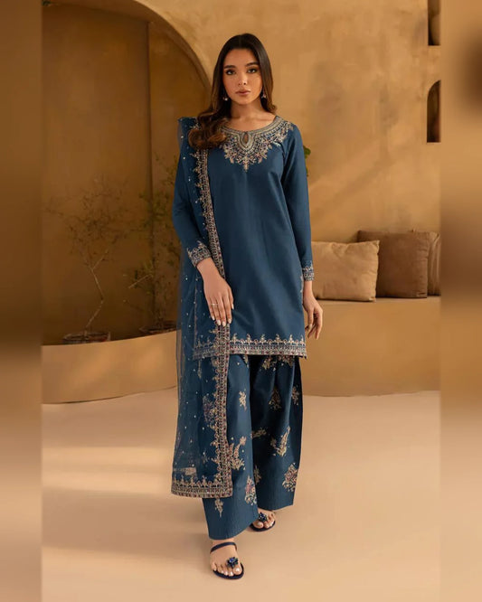 Premium Viscose Farshi Shalwar 3-Piece Suit – Midnight Teal Blue