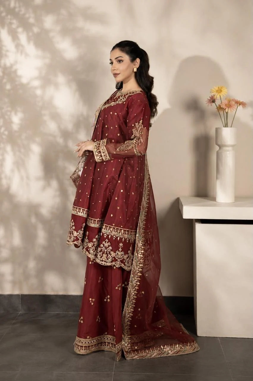 Maroon Elegance – Luxury Embroidered 3-Piece Plazzo Shalwar Suit