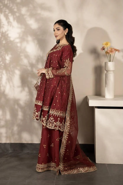 Maroon Elegance – Luxury Embroidered 3-Piece Plazzo Shalwar Suit