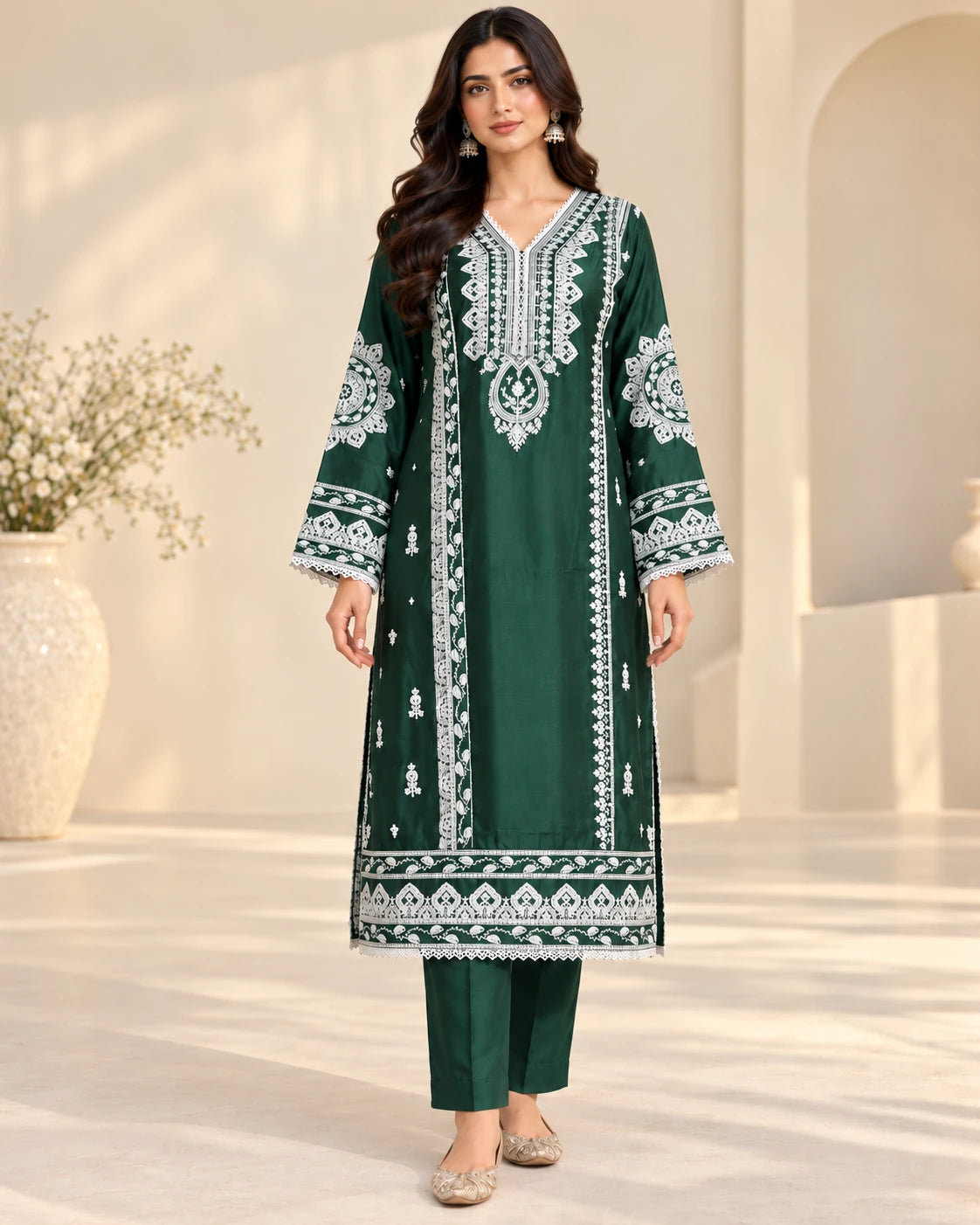 Elegant Bottle Green Embroidered Viscose 3-Piece Suit with Chiffon Dupatta
