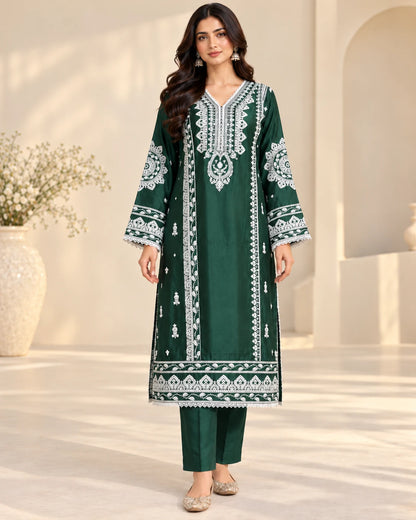 Elegant Bottle Green Embroidered Viscose 3-Piece Suit with Chiffon Dupatta