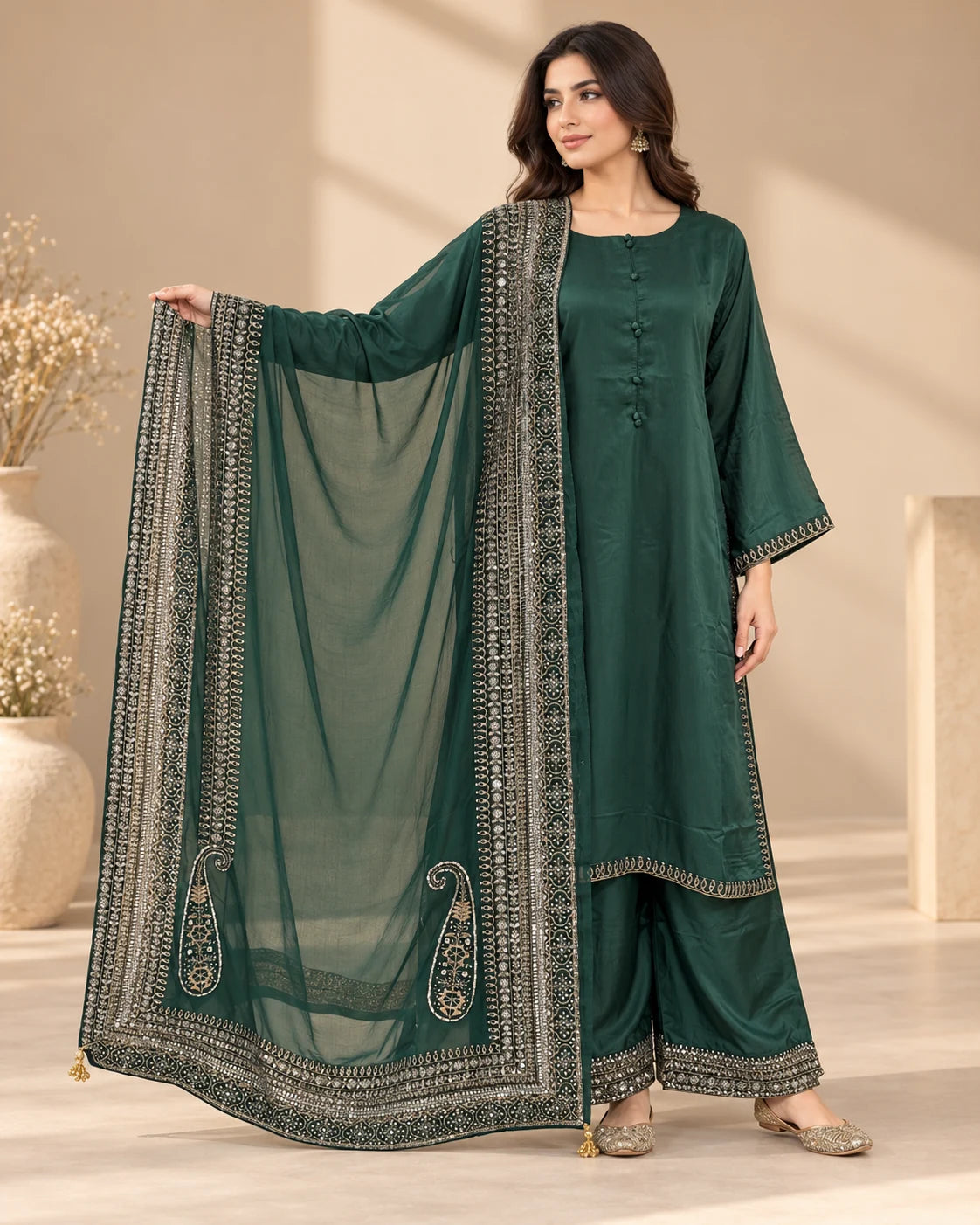 Emerald Green Embroidered 3-Piece Suit with Dupatta