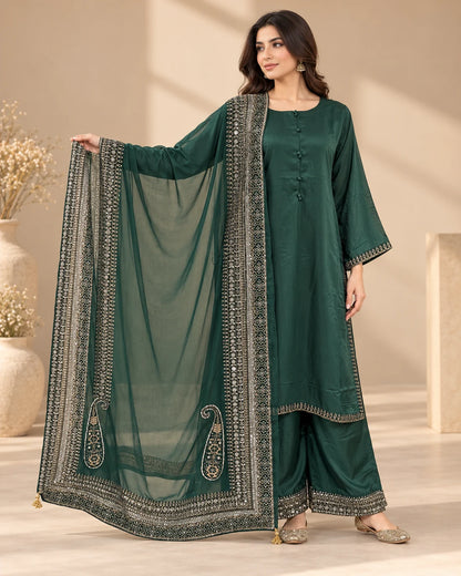 Emerald Green Embroidered 3-Piece Suit with Dupatta