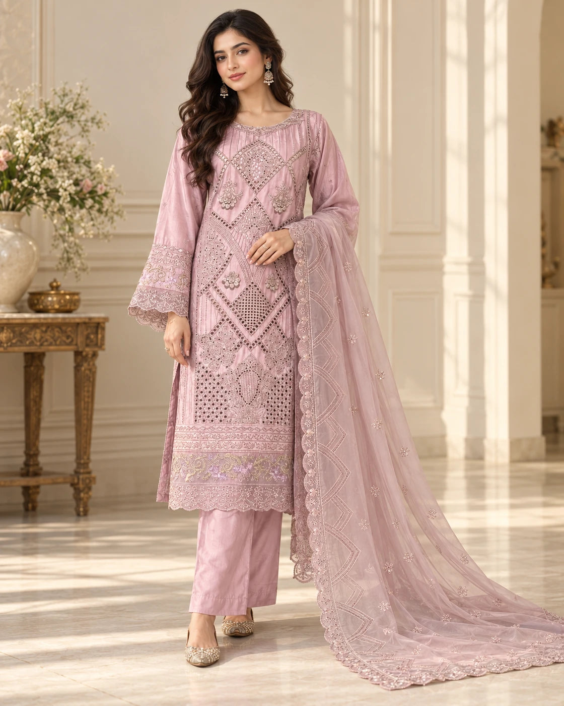 Premium Viscose Embroidered 3-Piece Suit – Dusty Pink