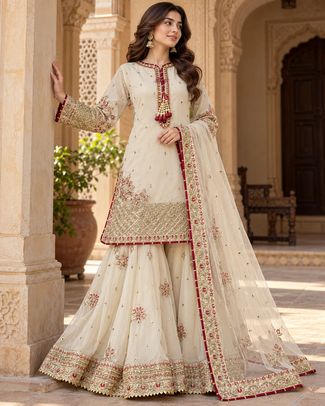 Ivory Elegance – Luxury Embroidered 3-Piece Sharara Suit