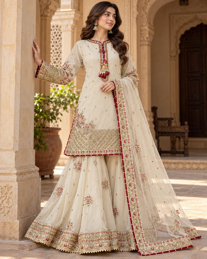 Ivory Elegance – Luxury Embroidered 3-Piece Sharara Suit
