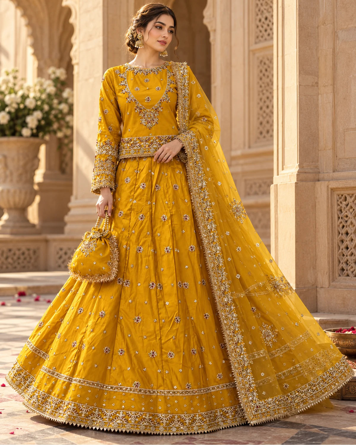 Mustard Golden Embroidered Bridal Lehenga Choli with Net Dupatta & Matching Potli Bag