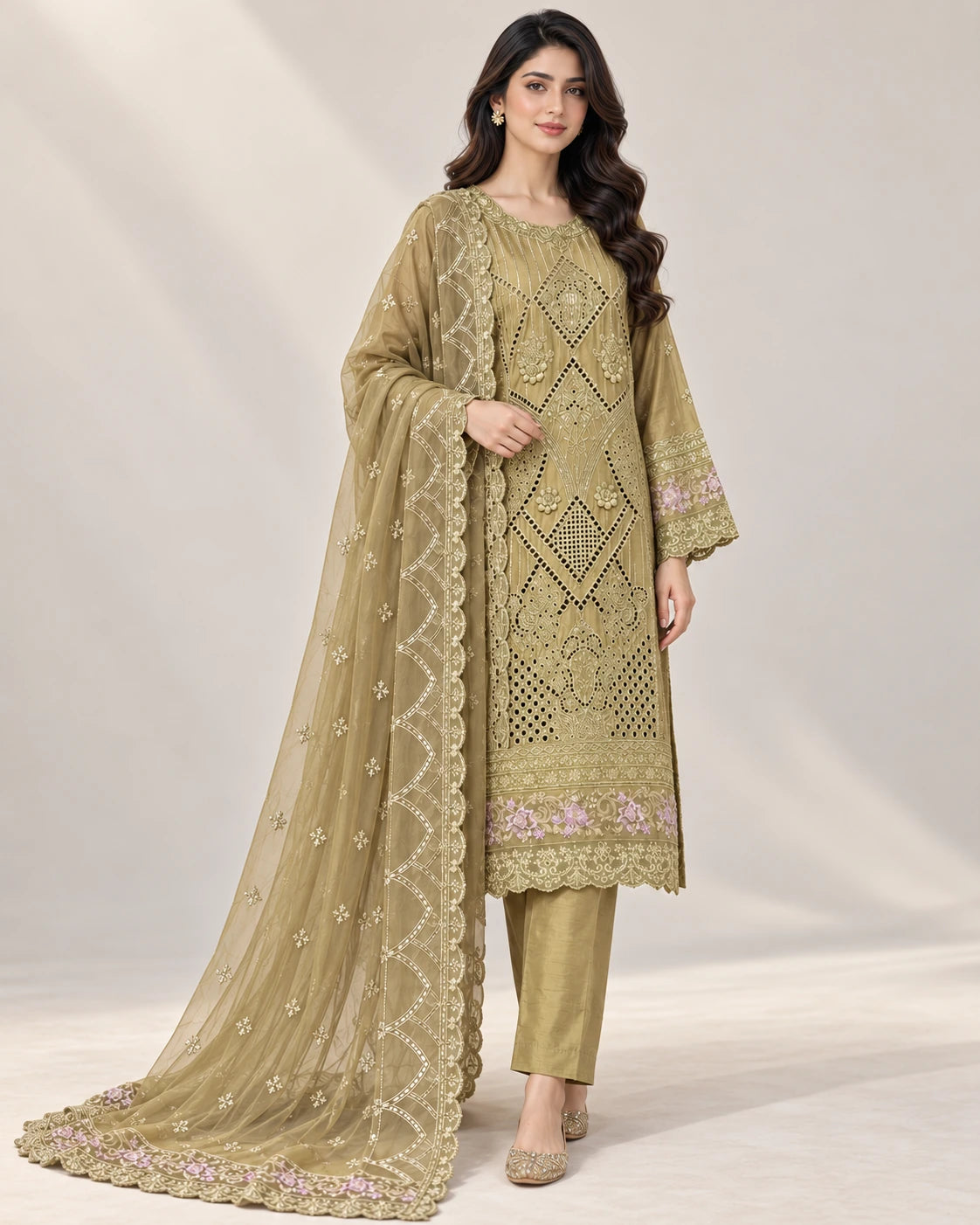 Olive Gold Luxury Embroidered 3-Piece Suit with Cutwork Detailing