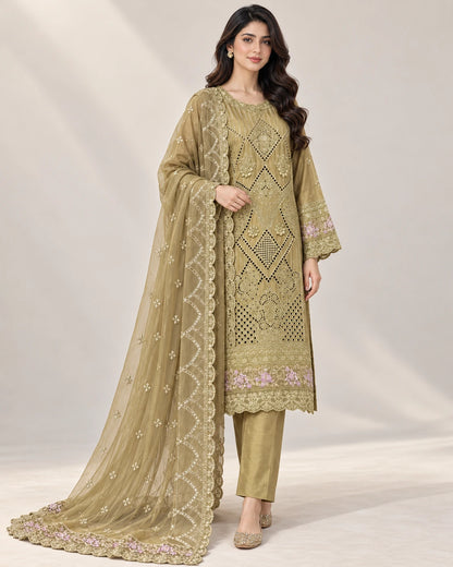 Olive Gold Luxury Embroidered 3-Piece Suit with Cutwork Detailing