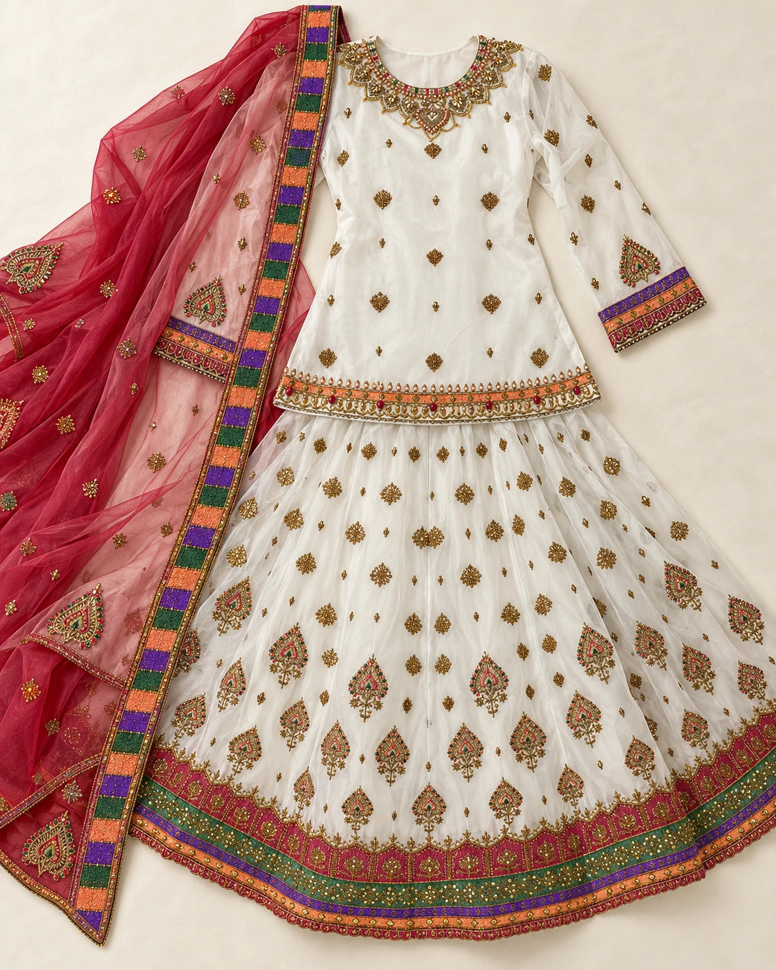 Ivory White Embroidered Lehenga Set with Rose Pink Dupatta