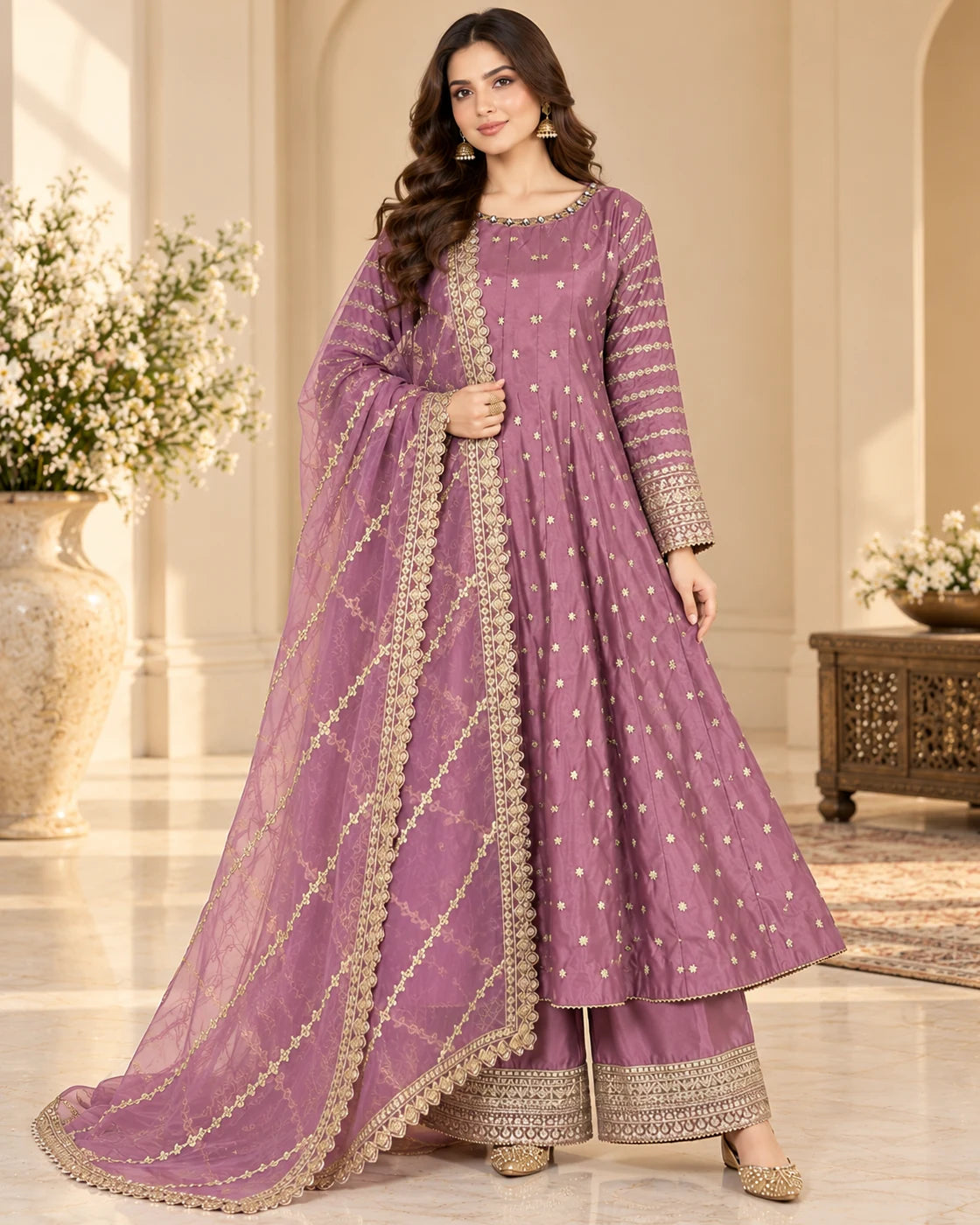 Mauve Purple Gold Embroidered 3-Piece Anarkali Suit