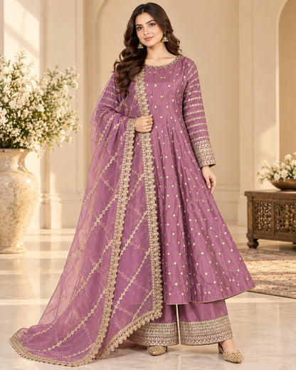 Mauve Purple Gold Embroidered 3-Piece Anarkali Suit