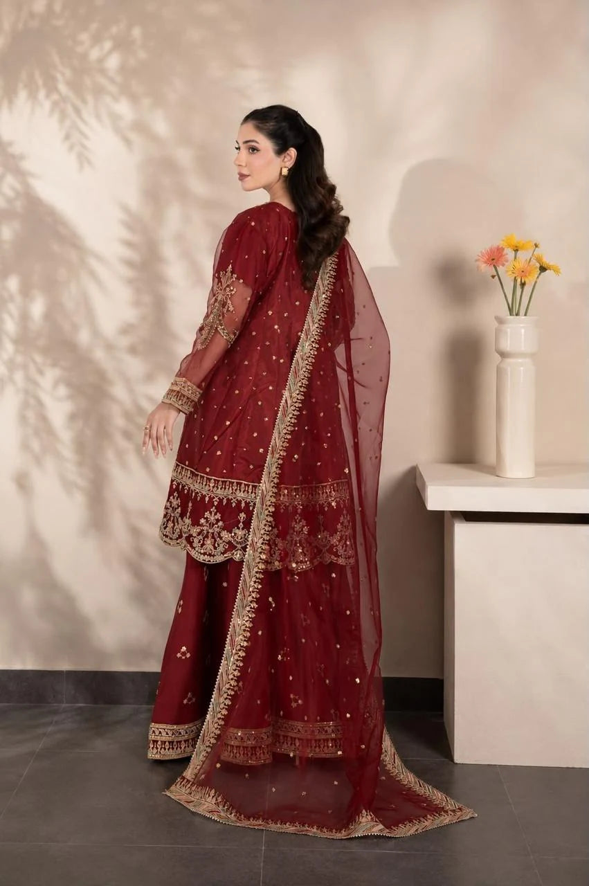 Maroon Elegance – Luxury Embroidered 3-Piece Plazzo Shalwar Suit