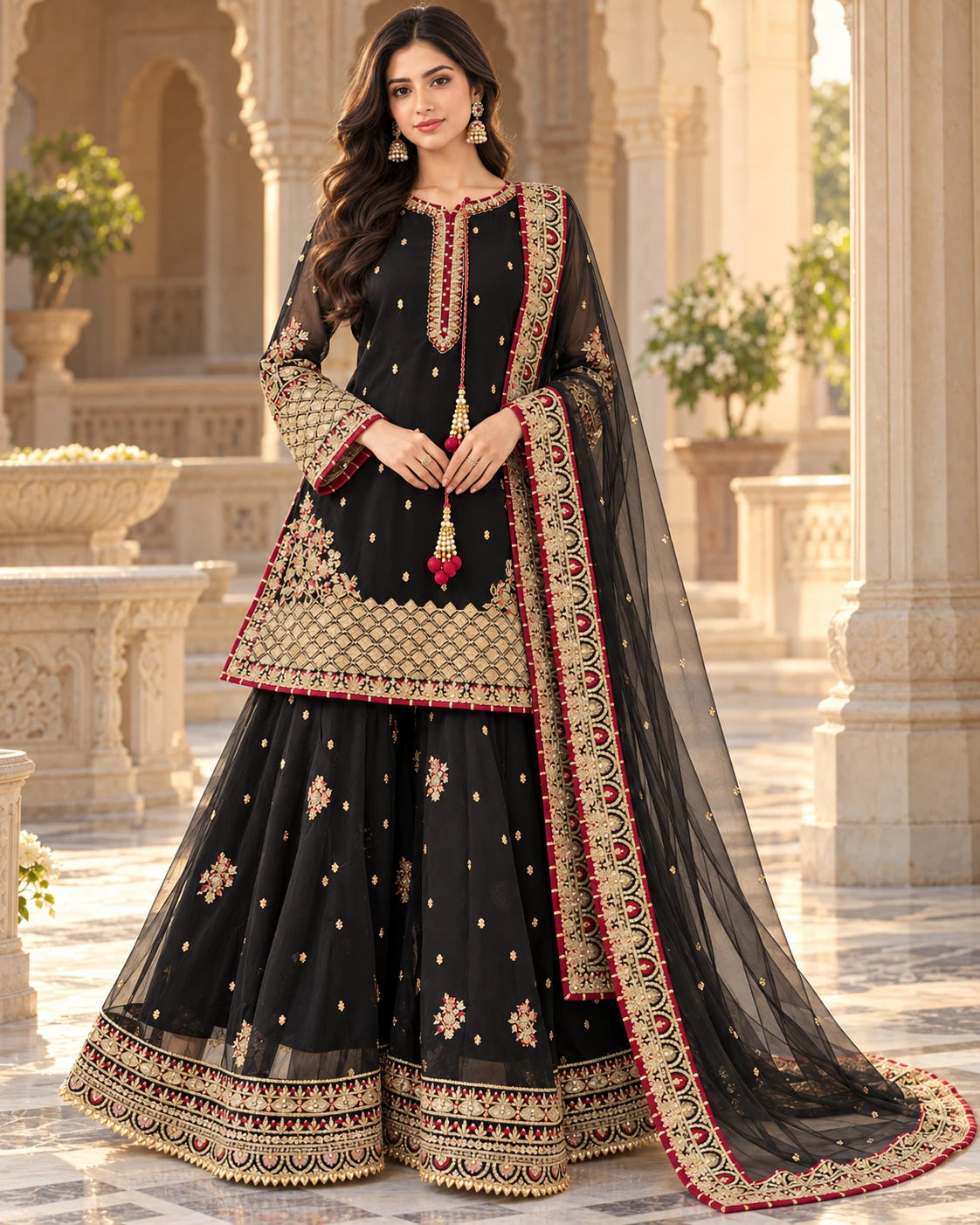 Black and gold embroidered Pakistani sharara dress styled for wedding and festive occasions