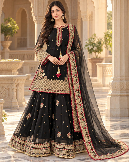 Black and gold embroidered Pakistani sharara dress styled for wedding and festive occasions