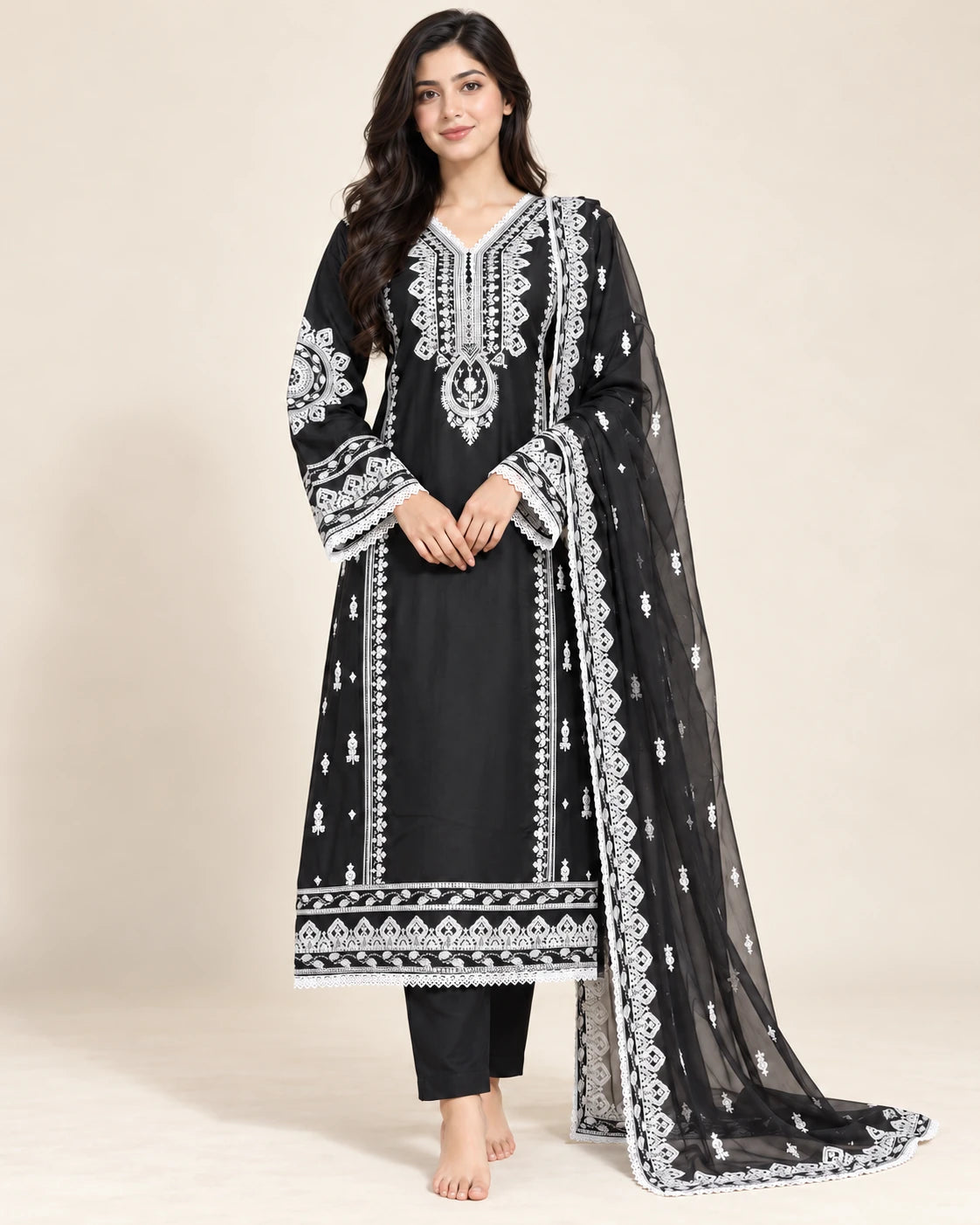 Noir Elegance – Black & White Embroidered 3-Piece Suit