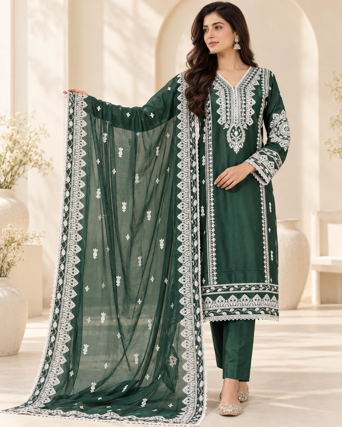 Elegant Bottle Green Embroidered Viscose 3-Piece Suit with Chiffon Dupatta