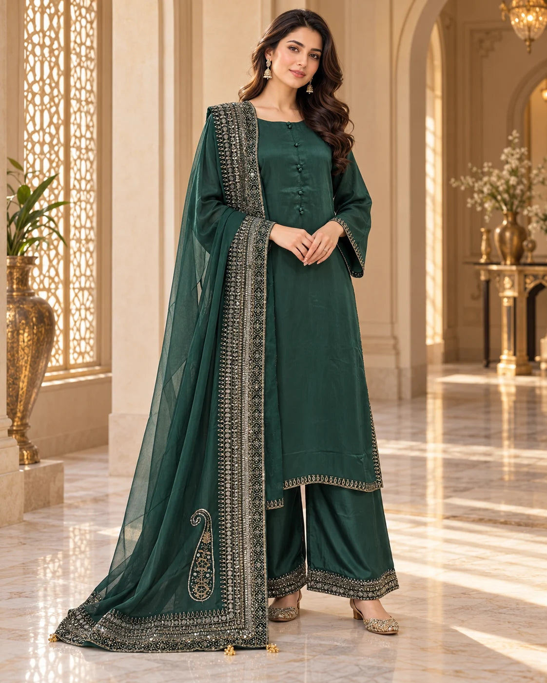 Emerald Green Embroidered 3-Piece Suit with Dupatta
