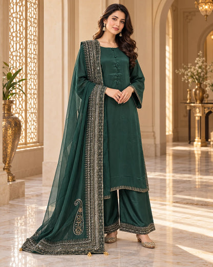 Emerald Green Embroidered 3-Piece Suit with Dupatta