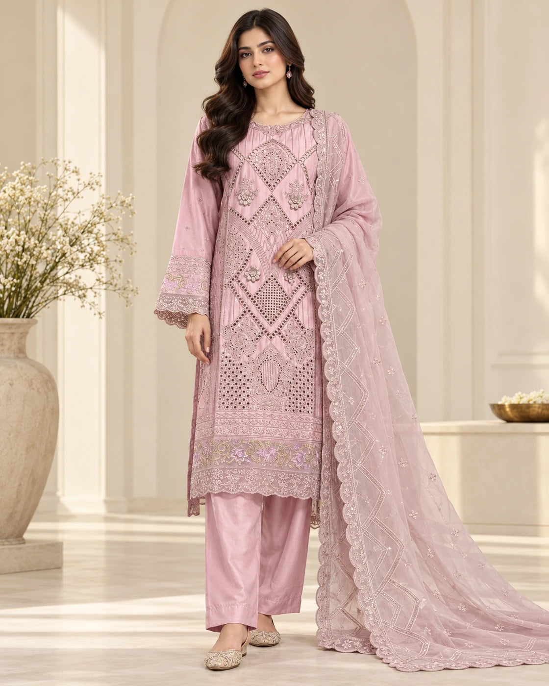 Premium Viscose Embroidered 3-Piece Suit – Dusty Pink