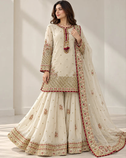 Ivory Elegance – Luxury Embroidered 3-Piece Sharara Suit