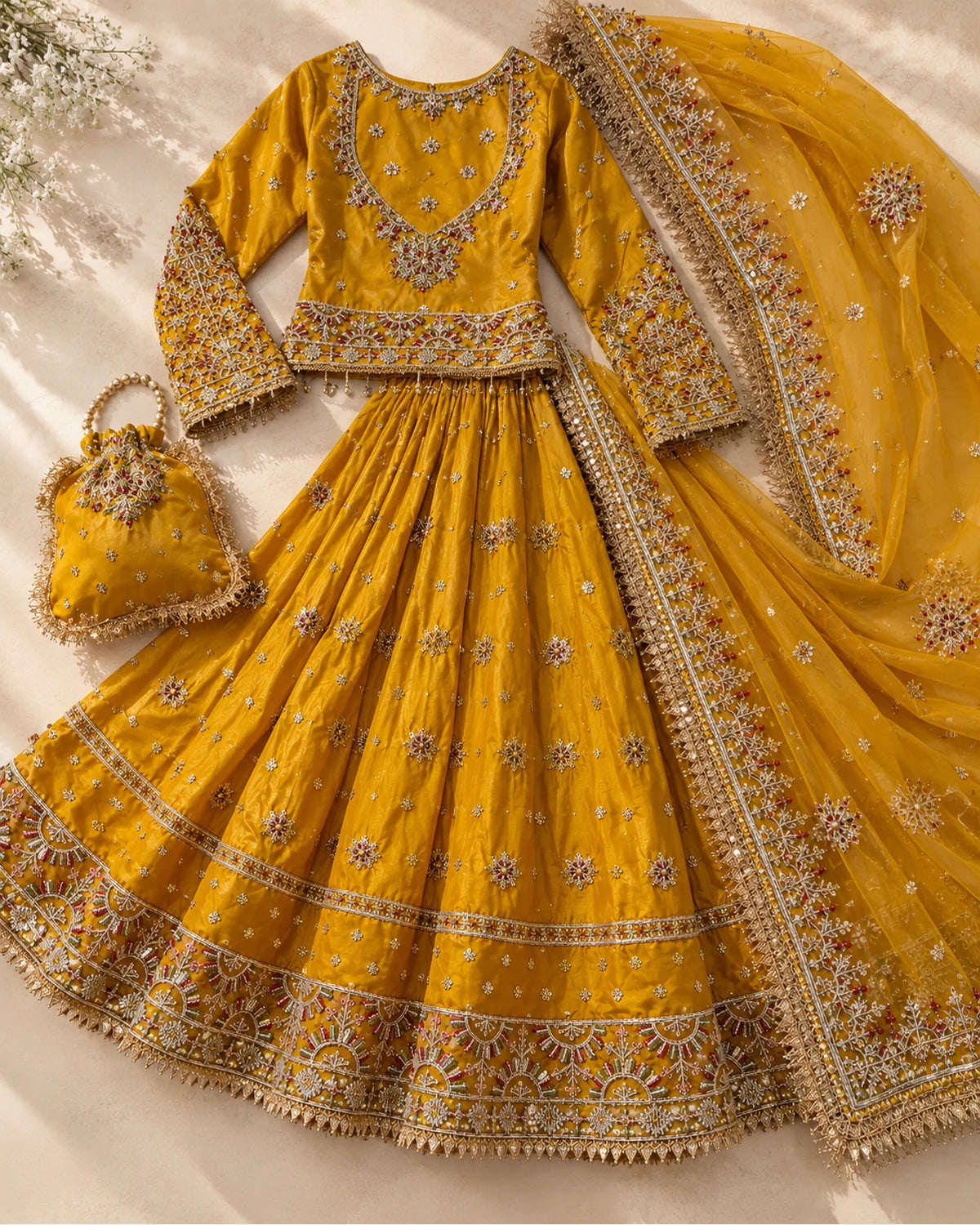 Mustard Golden Embroidered Bridal Lehenga Choli with Net Dupatta & Matching Potli Bag