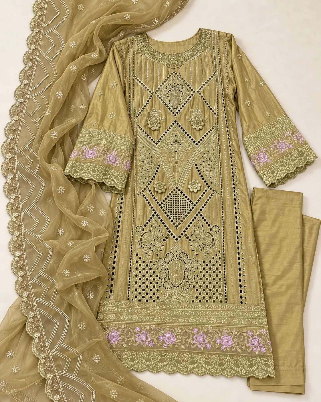 Olive Gold Luxury Embroidered 3-Piece Suit with Cutwork Detailing