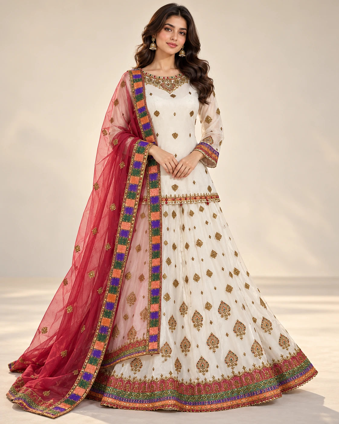 Ivory White Embroidered Lehenga Set with Rose Pink Dupatta