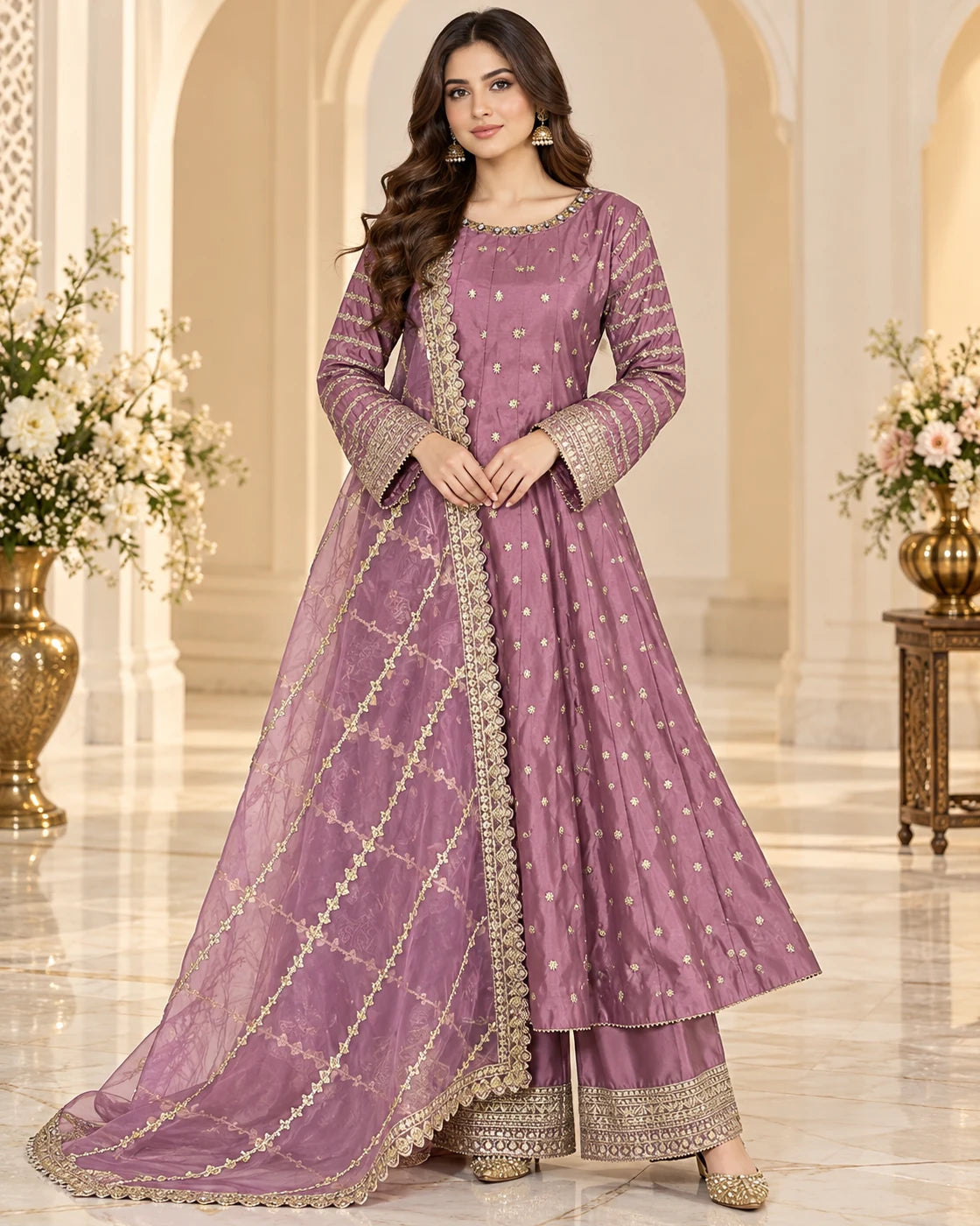 Mauve Purple Gold Embroidered 3-Piece Anarkali Suit