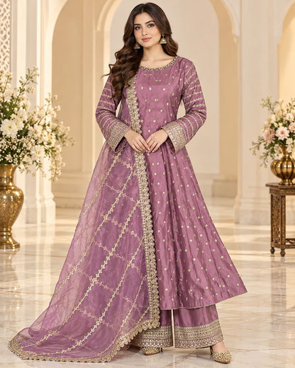 Mauve Purple Gold Embroidered 3-Piece Anarkali Suit