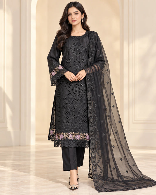 Luxury Black Cutwork Embroidered 3-Piece Suit with Floral Lace Detailing