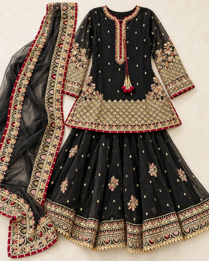 Complete black embroidered 3-piece sharara outfit featuring gold detailing, flared bottoms and net dupatta