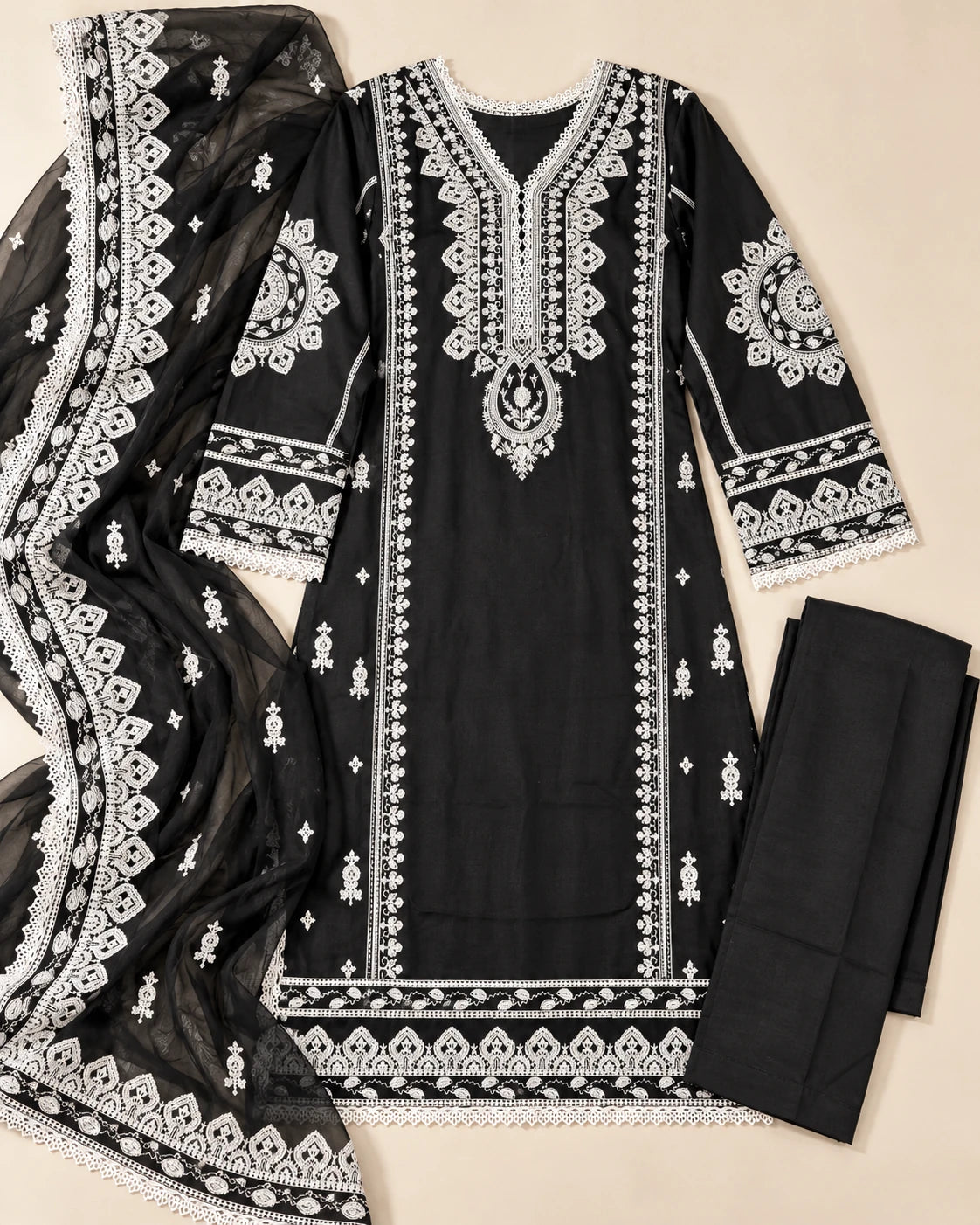 Noir Elegance – Black & White Embroidered 3-Piece Suit