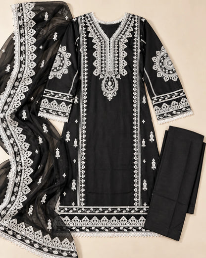 Noir Elegance – Black & White Embroidered 3-Piece Suit