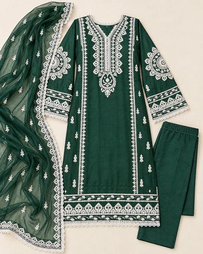 Elegant Bottle Green Embroidered Viscose 3-Piece Suit with Chiffon Dupatta