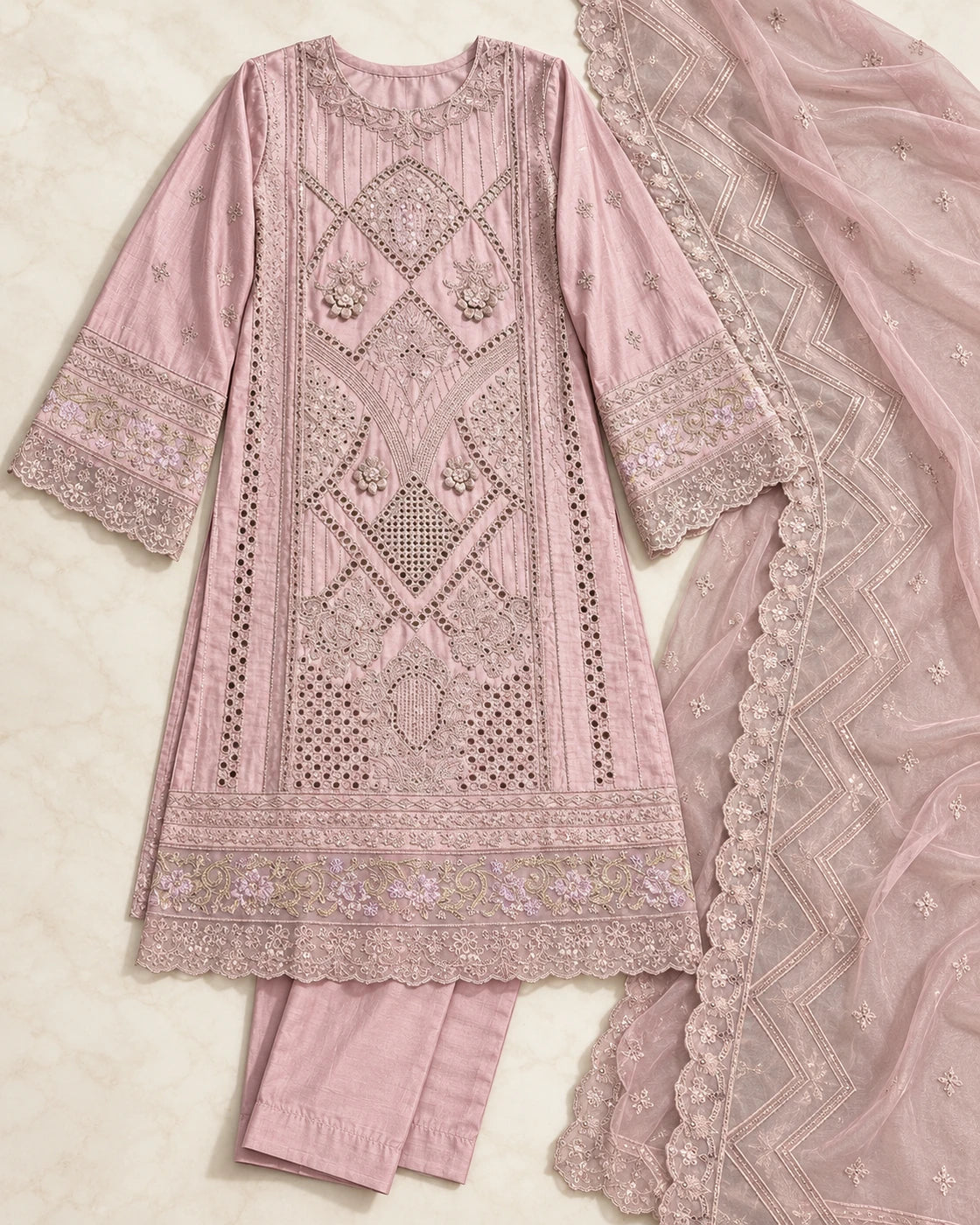 Premium Viscose Embroidered 3-Piece Suit – Dusty Pink