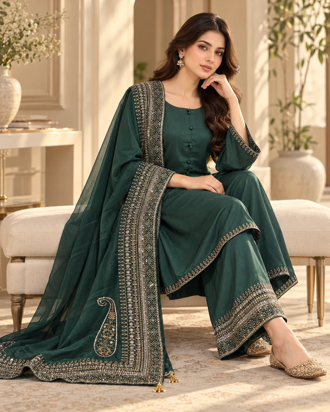 Emerald Green Embroidered 3-Piece Suit with Dupatta