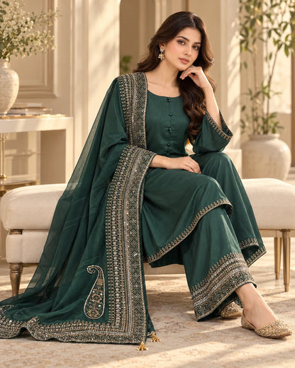 Emerald Green Embroidered 3-Piece Suit with Dupatta