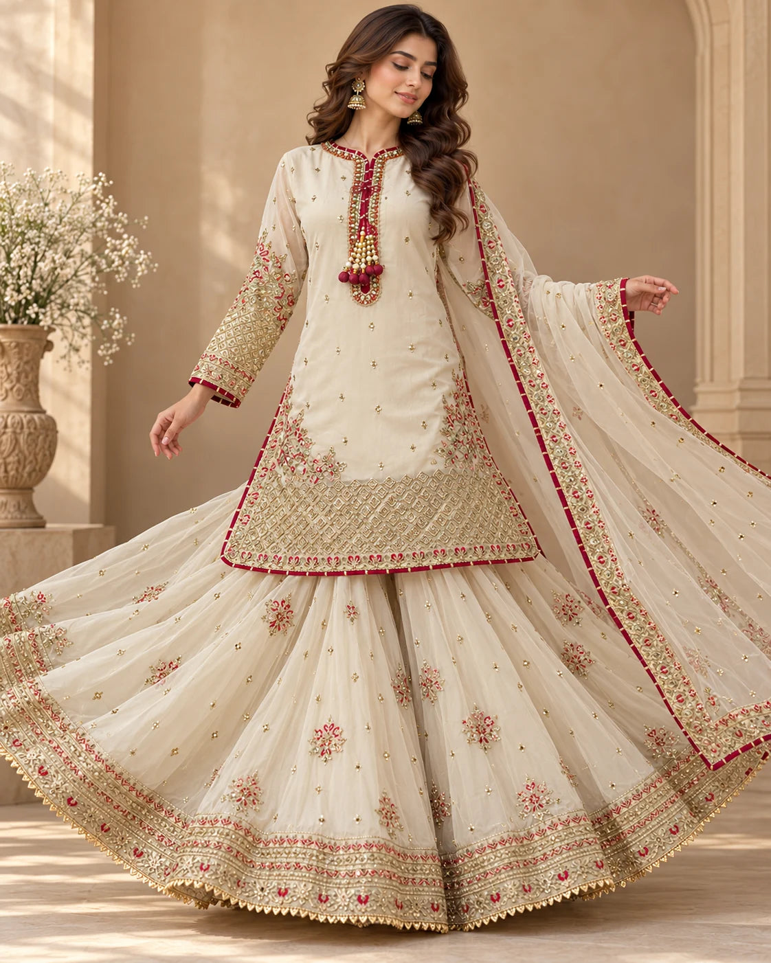 Ivory Elegance – Luxury Embroidered 3-Piece Sharara Suit